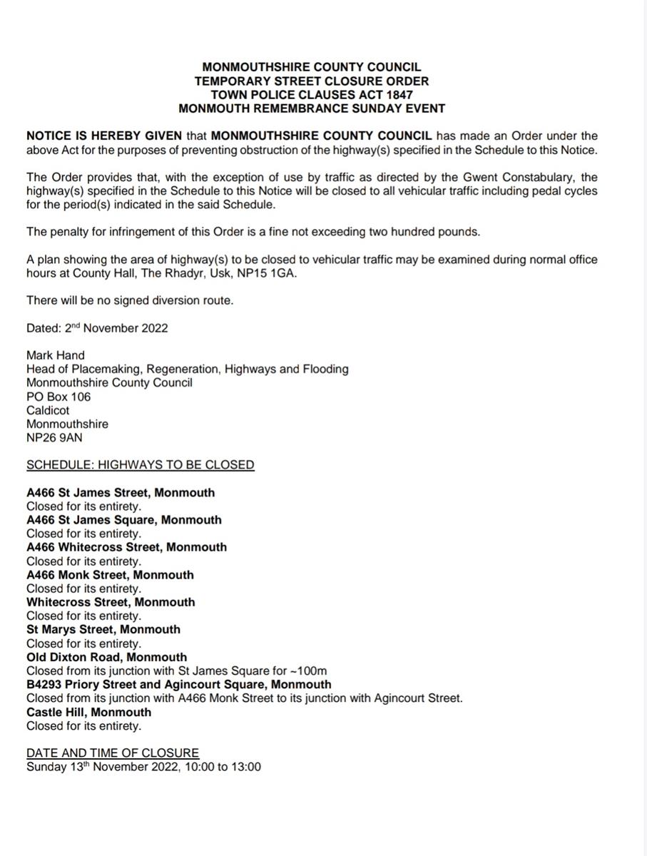 Road Closure Notice for Remembrance