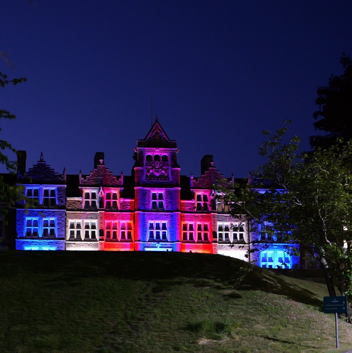 Image of Haberdashers Prep School Monmouth Illuminated in red, white and blue