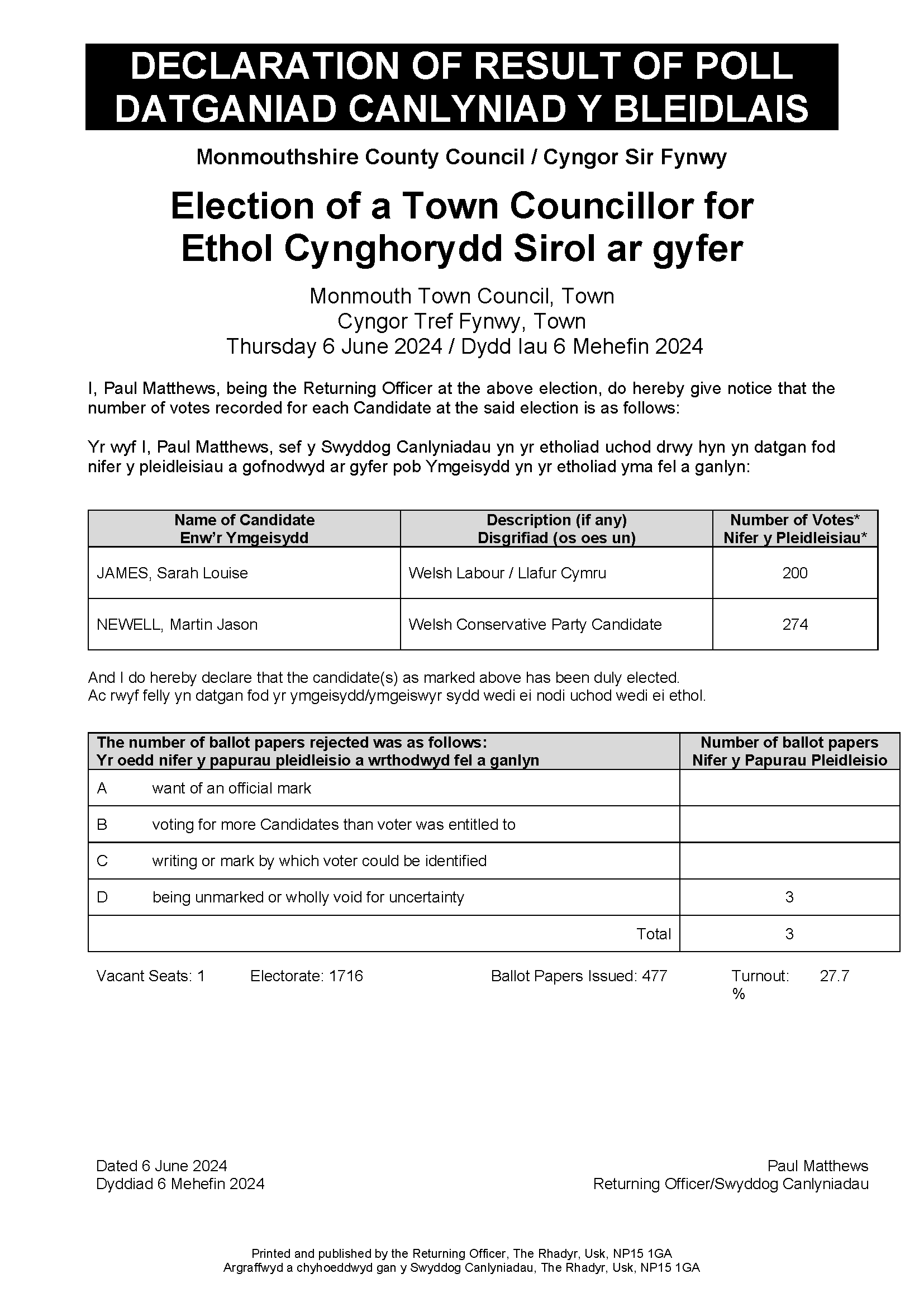 Notice Of Result- Martin Newell elected